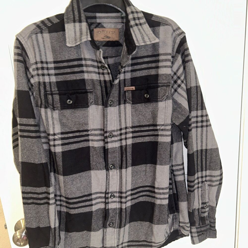 Orvis Heavy Shirt Jacket Shacket Mens Small Gray Black Plaid Outdoor Long Sleeve